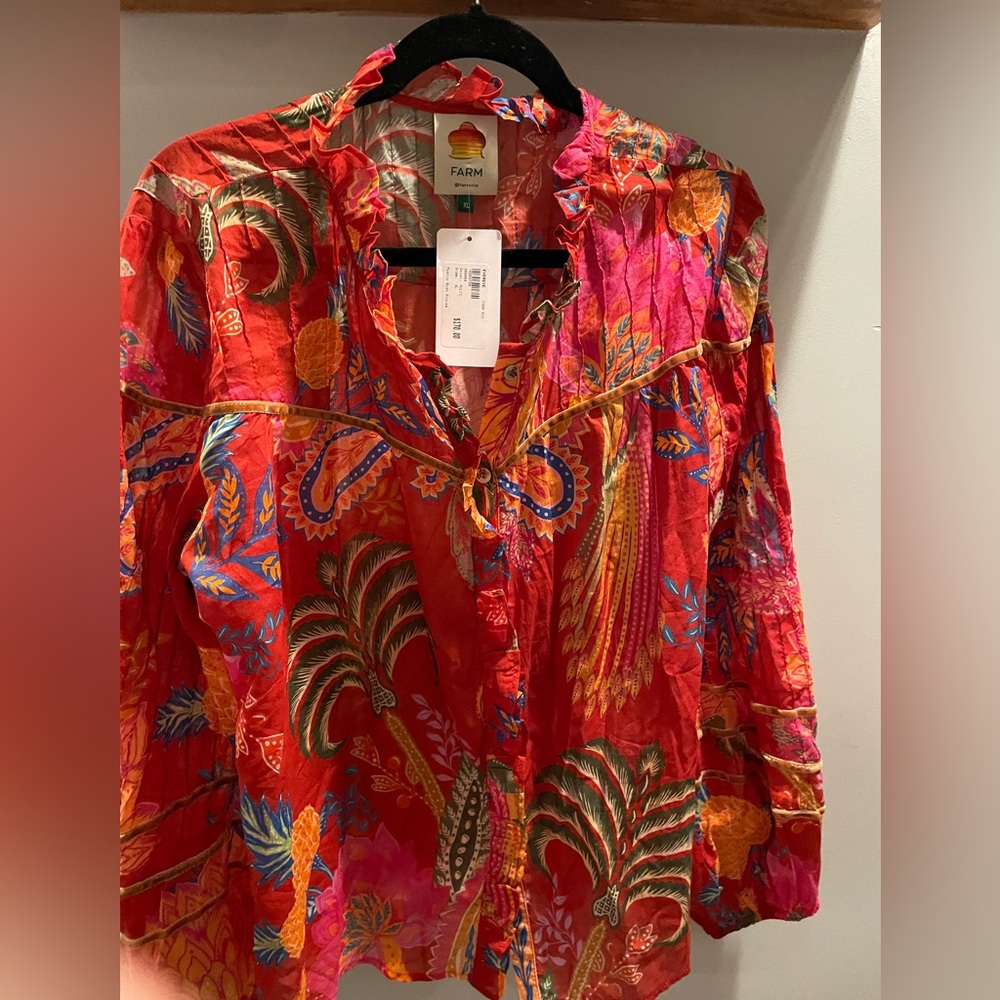 Mystic blush blouse, L/S, bohemian style, red pattern.